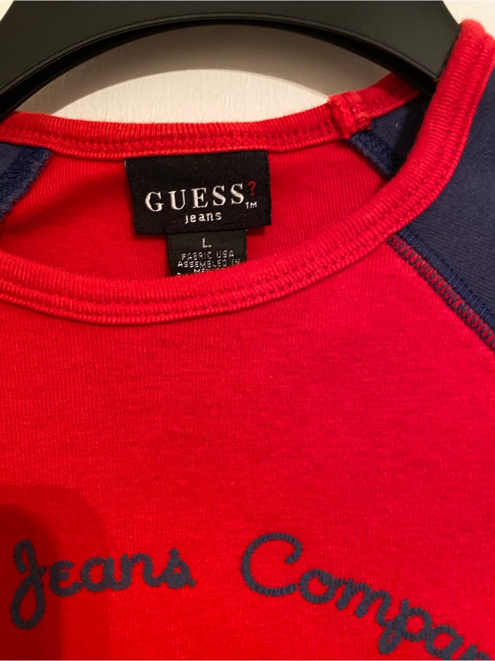 Guess Jeans Blue Red Tee with Navy Raglan Accents Baseball Style Relax Top, SM - Picture 3 of 4